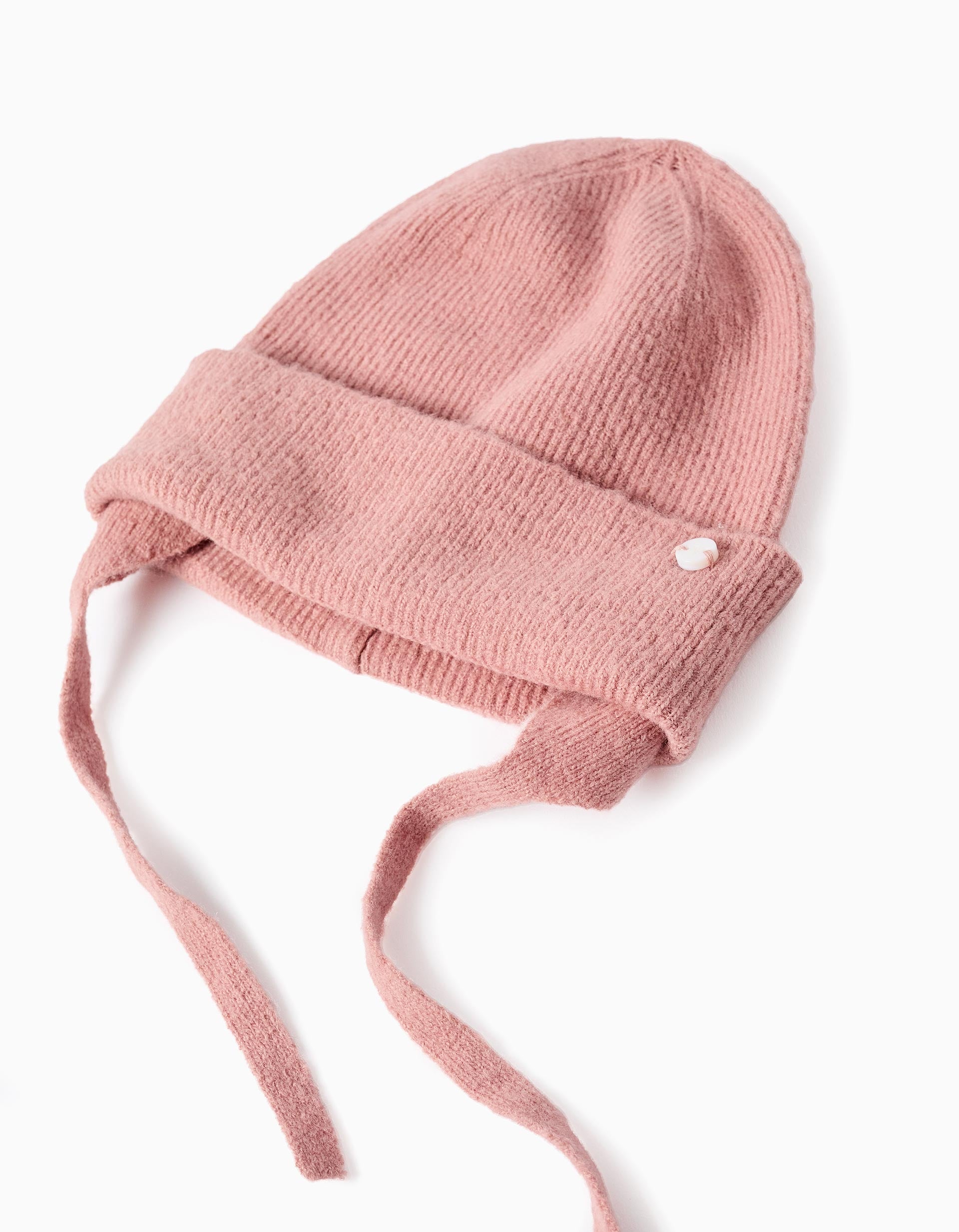 Knitted beanie with straps and ear protection for baby girls, pink