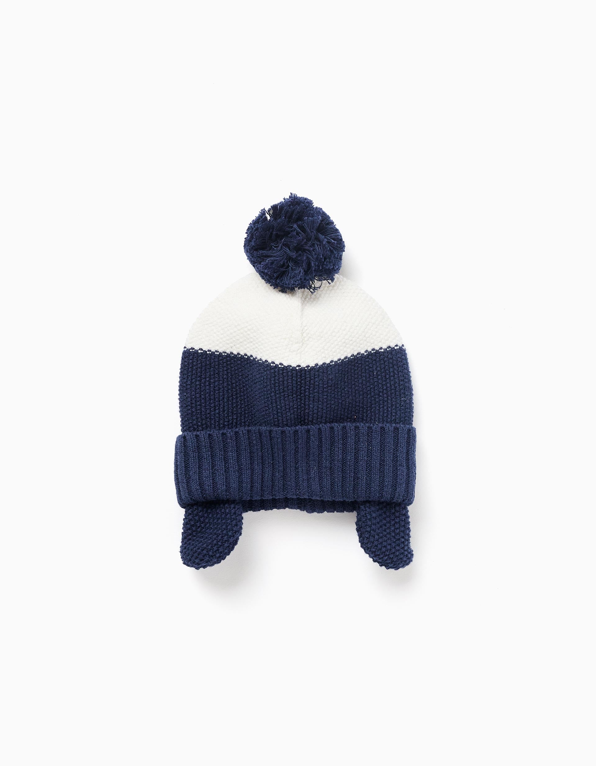 Gorro com pompom e protetor de orelhas para recém-nascido, azul/branco