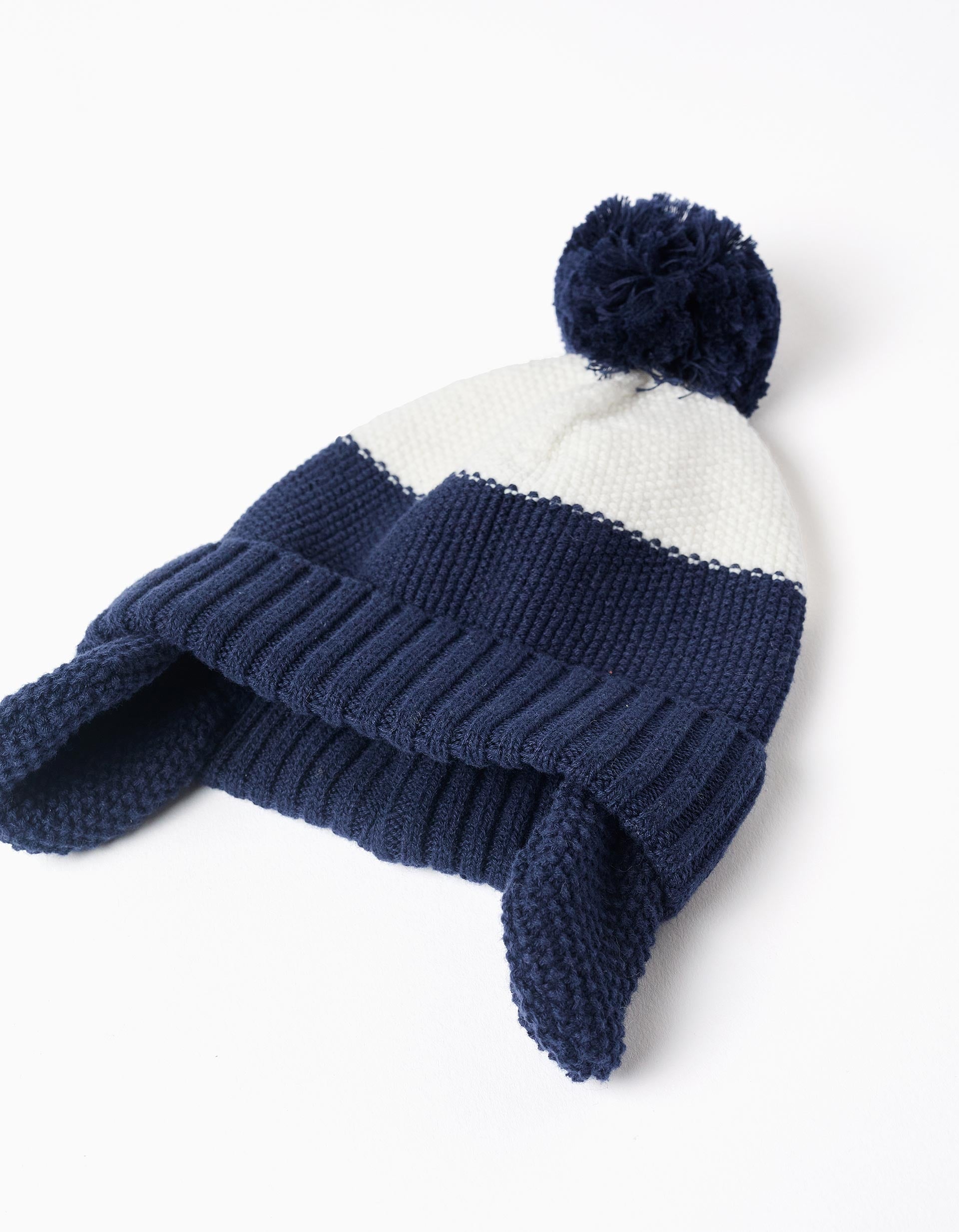 Gorro com pompom e protetor de orelhas para recém-nascido, azul/branco