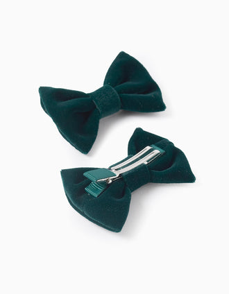 Pack 2 Horquillas con Lazo de Terciopelo para Bebé y Niña, Verde Oscuro