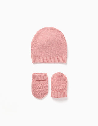 Pack de bonnet + gants en maille pour nouveau-née, rose