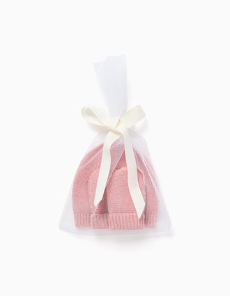 Pack de bonnet + gants en maille pour nouveau-née, rose