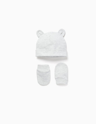 Conjunto de gorro + luvas para recém-nascido, cinza-claro