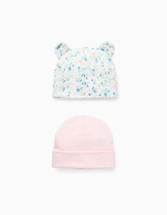 Pack de 2 Gorros Liso/Floral para Recém-Nascida, Multicolor