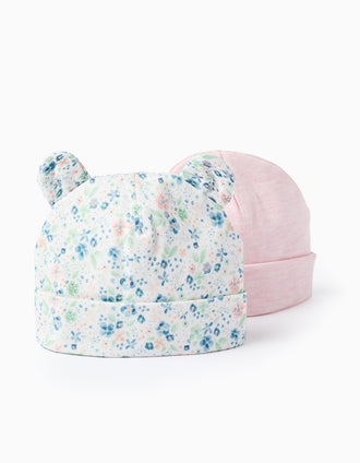 Pack de 2 Gorros Liso/Floral para Recém-Nascida, Multicolor