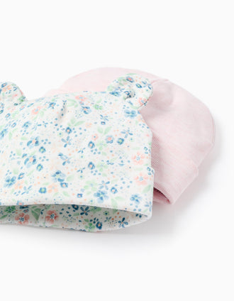 Pack de 2 Gorros Liso/Floral para Recém-Nascida, Multicolor