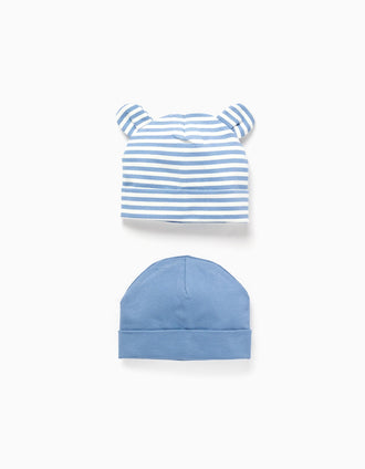 Conjunto 2 gorros liso/riscas para recém-nascido, azul/branco