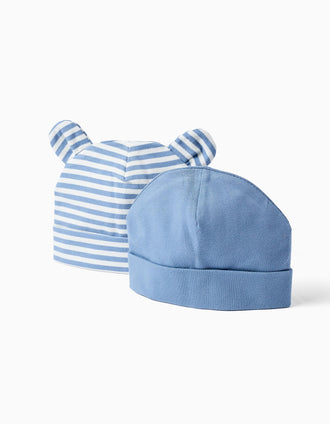 Conjunto 2 gorros liso/riscas para recém-nascido, azul/branco