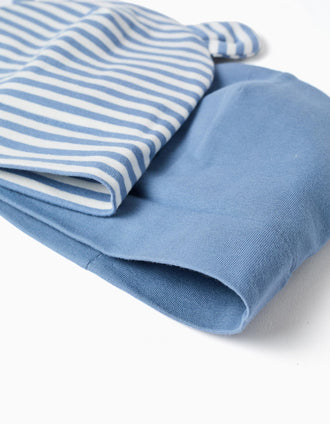 Conjunto 2 gorros liso/riscas para recém-nascido, azul/branco