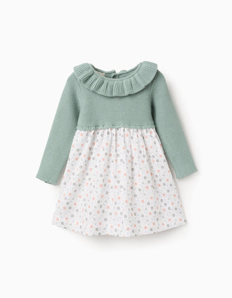 Dual-fabric dress with floral pattern for baby girls, green/white