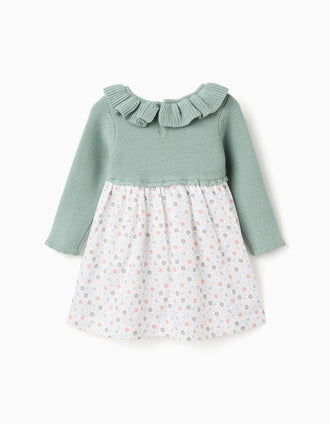 Dual-fabric dress with floral pattern for baby girls, green/white