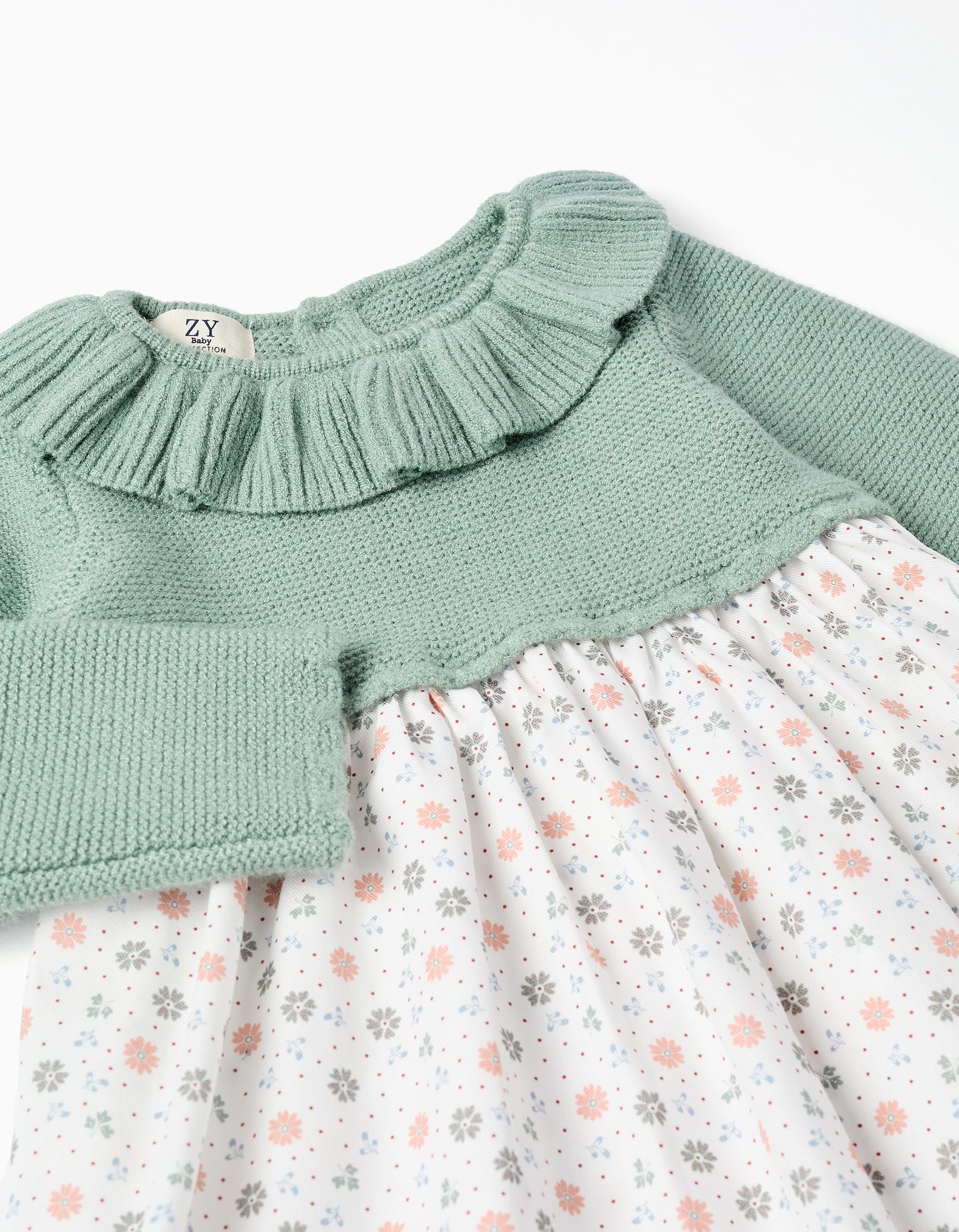 Vestido combinado com padrão floral para bebé menina, verde/branco