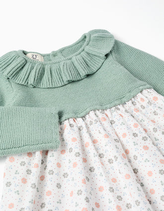 Dual-fabric dress with floral pattern for baby girls, green/white