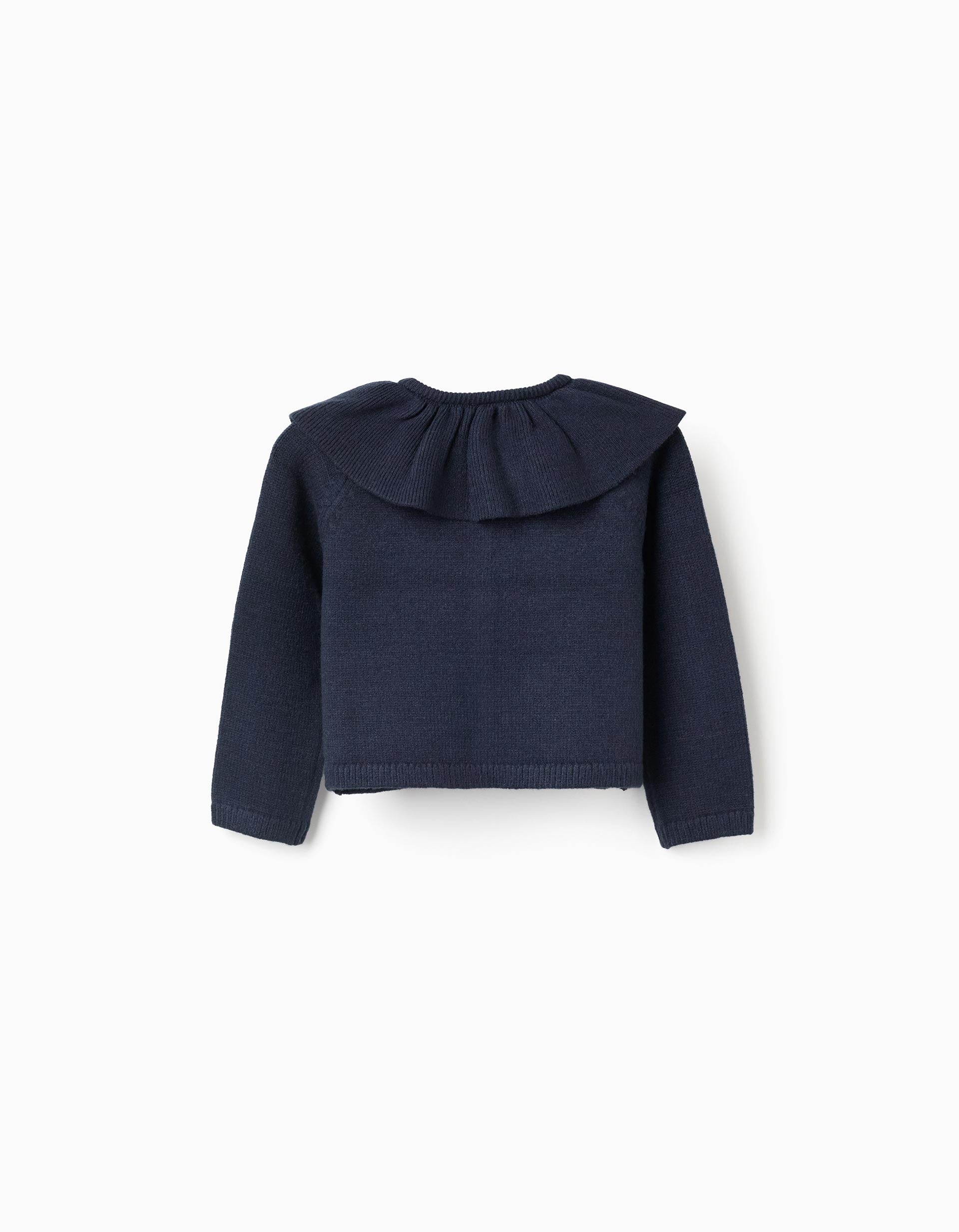 Knit cardigan with ruffled maxi collar for baby girls, dark blue