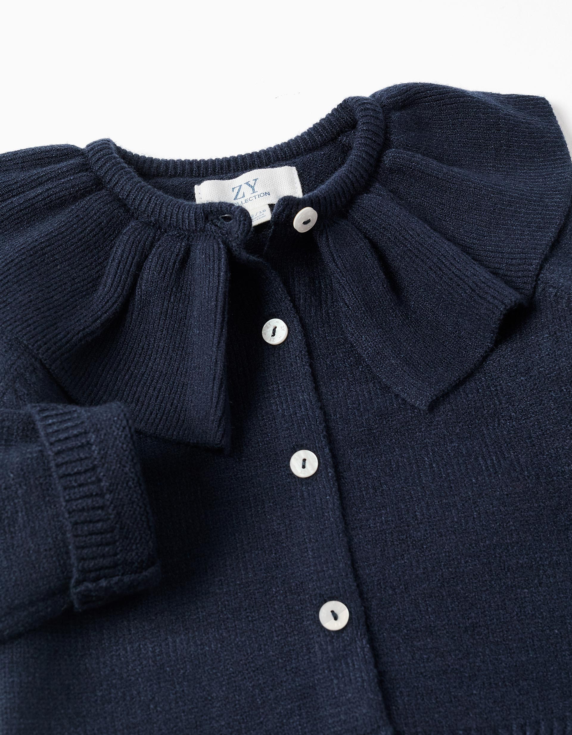 Knit cardigan with ruffled maxi collar for baby girls, dark blue