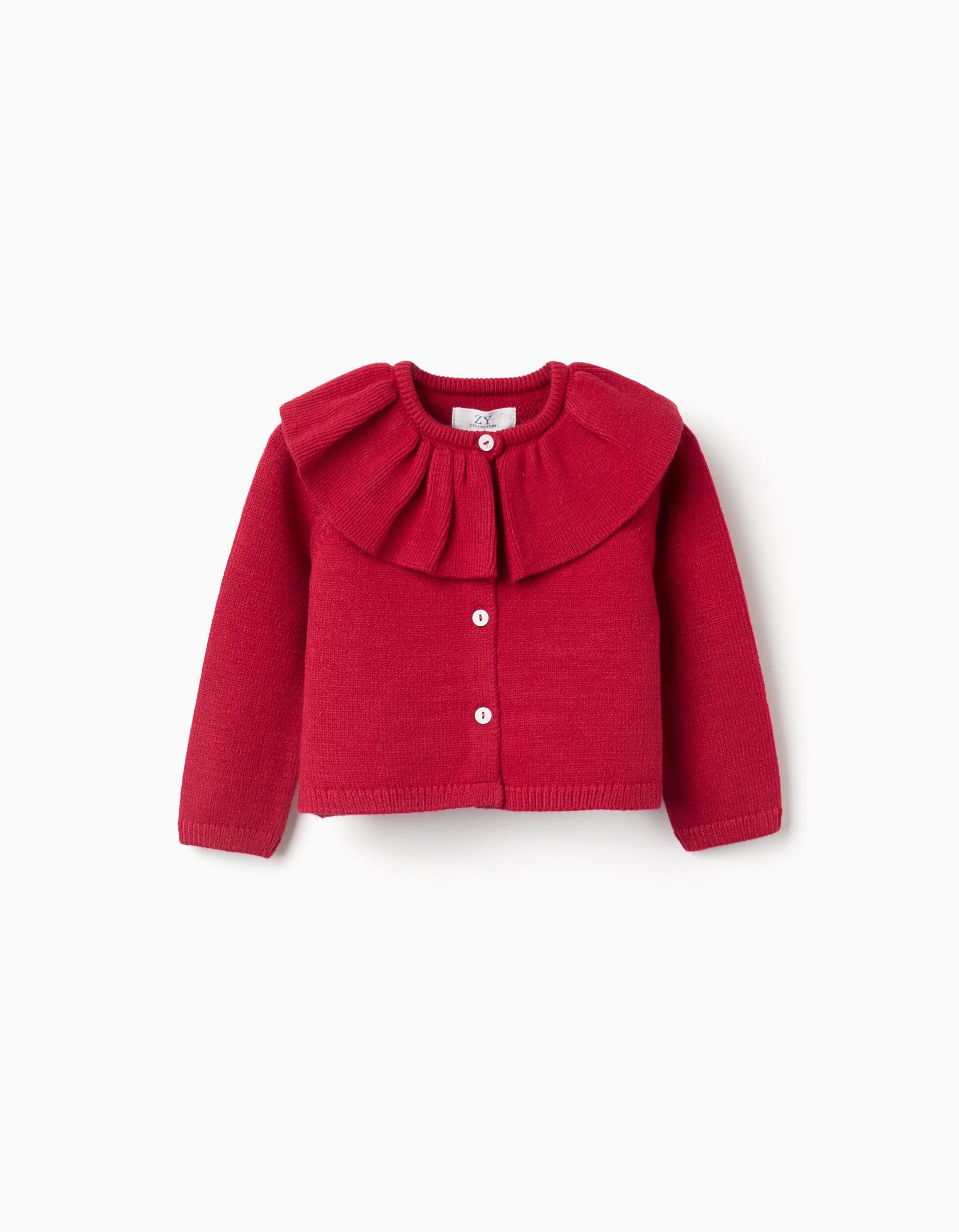 Knit cardigan with ruffled maxi collar for baby girls, red
