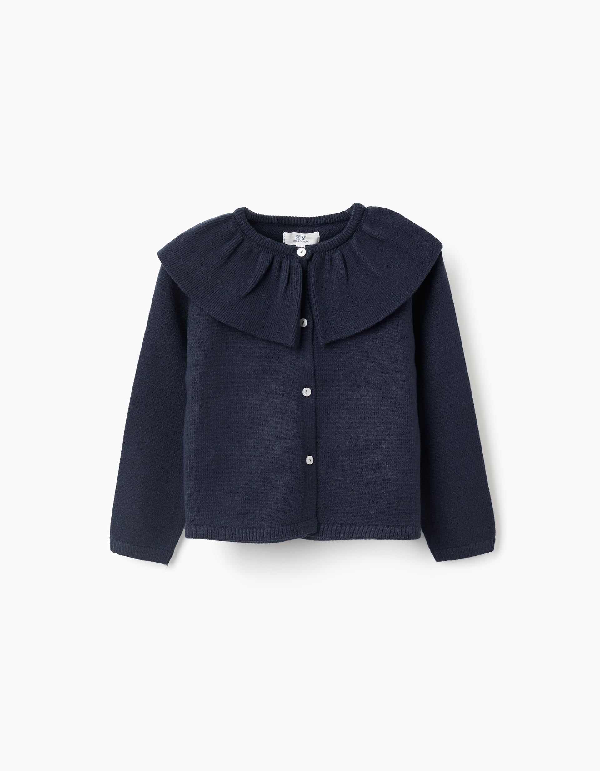 Knit cardigan with ruffled maxi collar for girls, dark blue