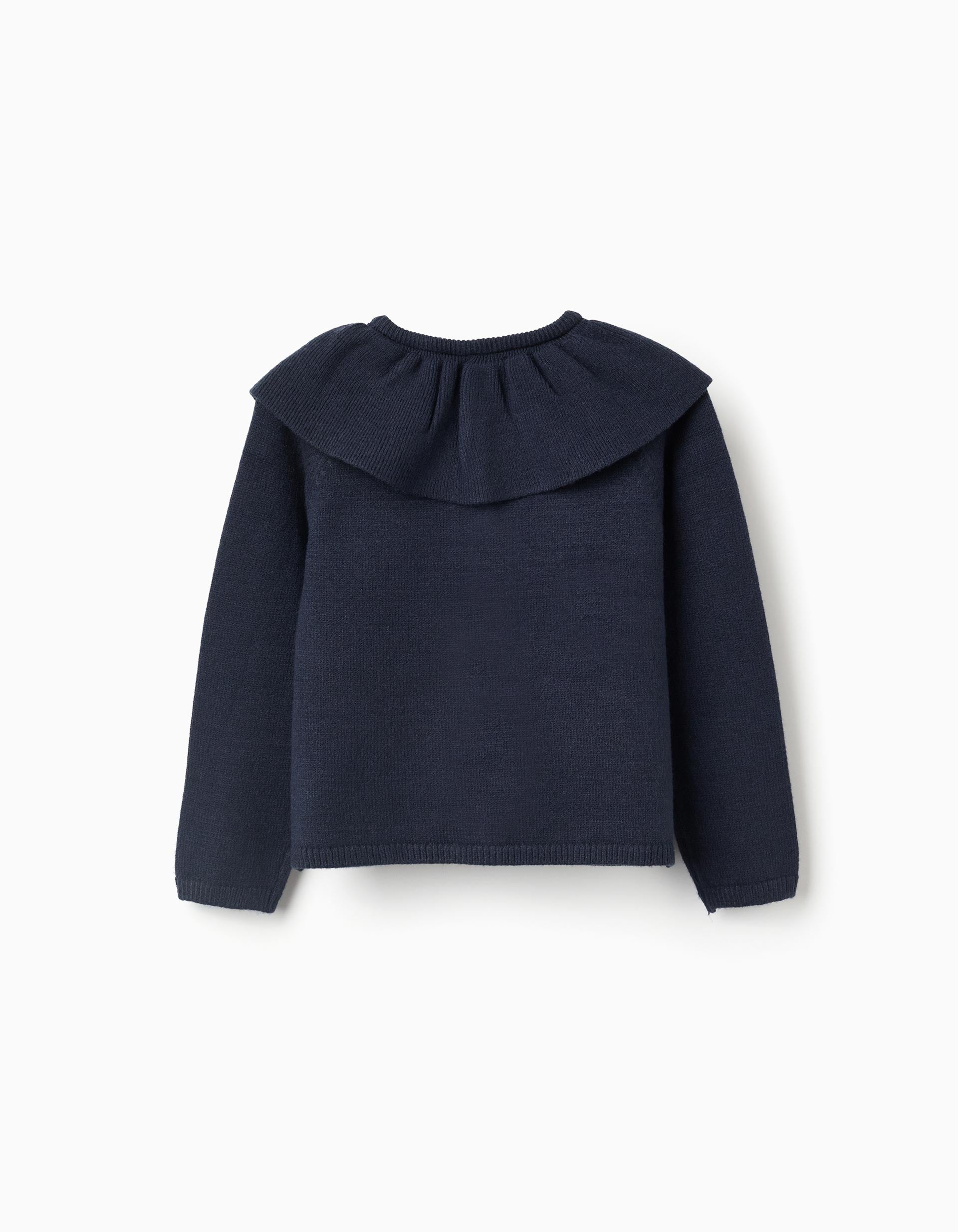 Knit cardigan with ruffled maxi collar for girls, dark blue