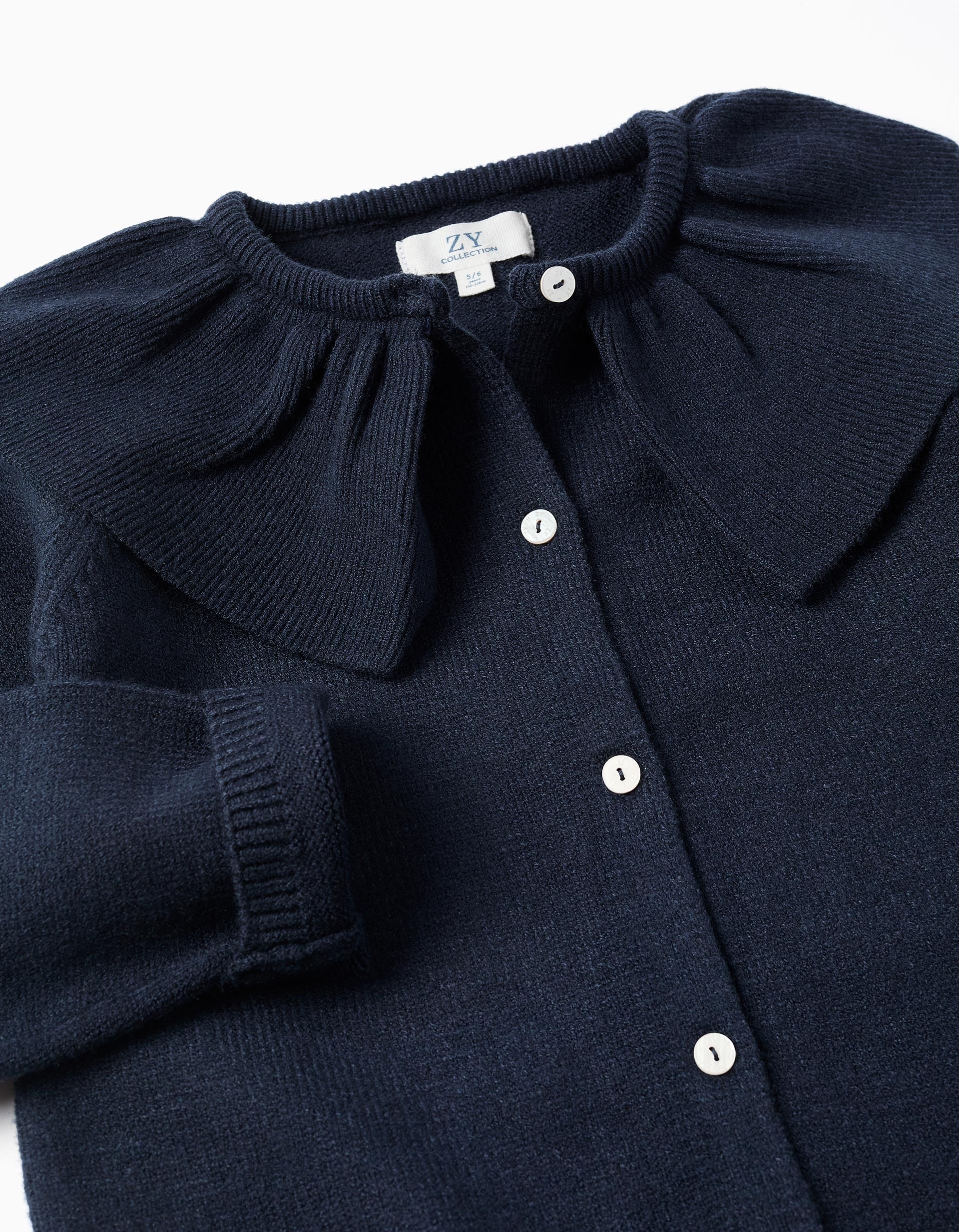 Knit cardigan with ruffled maxi collar for girls, dark blue
