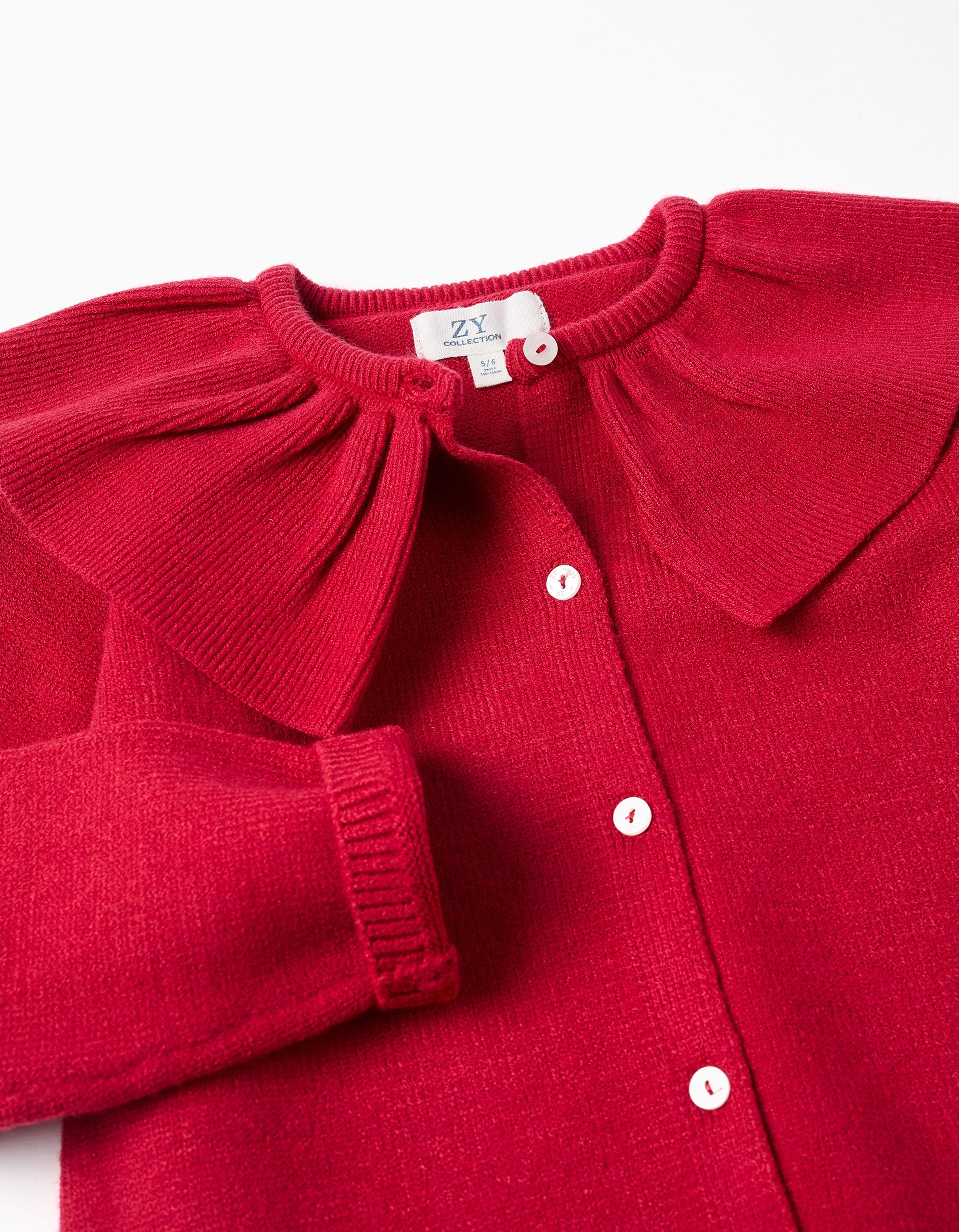 Knit cardigan with ruffled maxi collar for girls, red