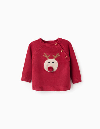 Camisola de malha com rena em jacquard para recém-nascido, vermelho
