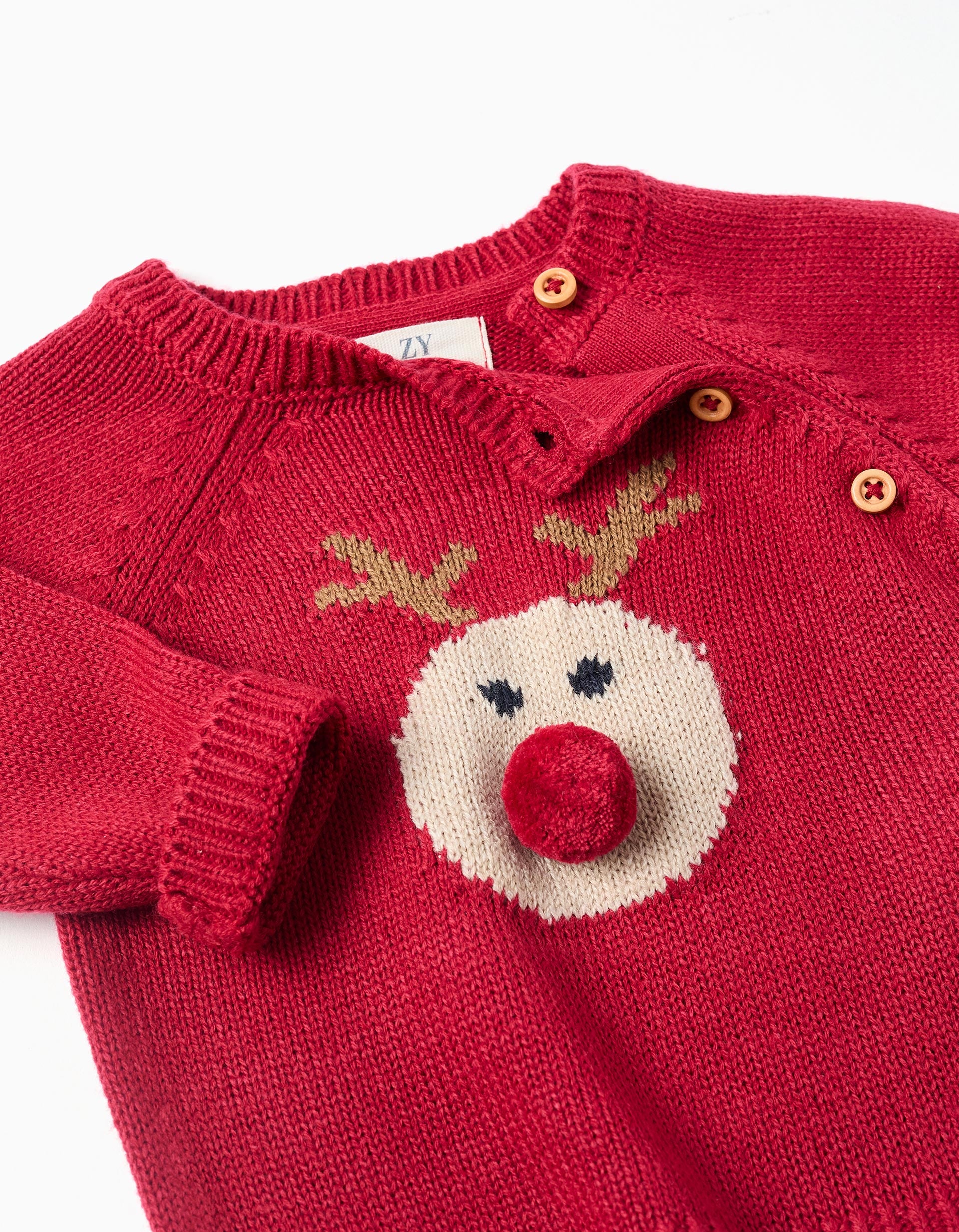 Knitted jumper with jacquard reindeer for newborn boys, red