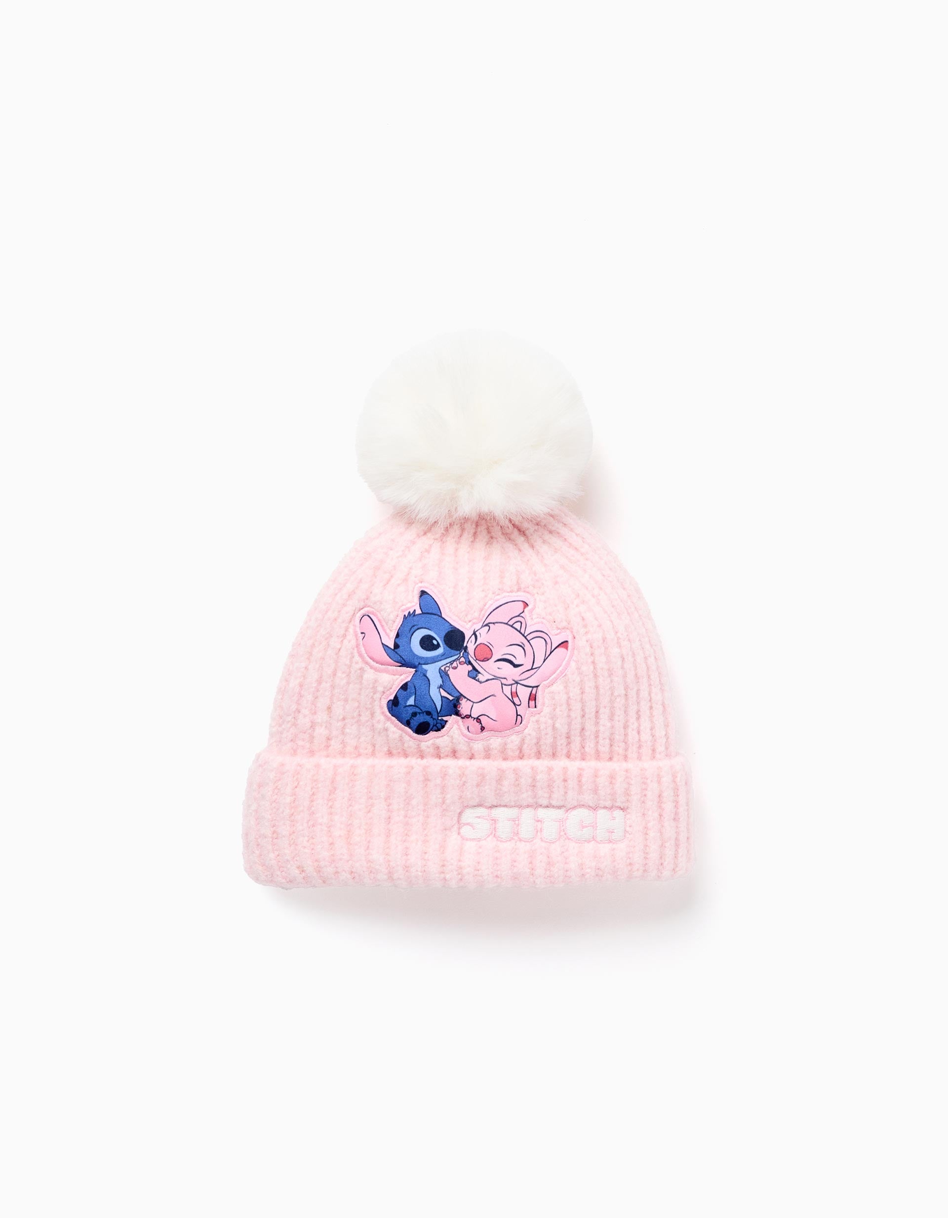 Gorro de malha com estampado Stitch e pompom para menina, rosa-claro