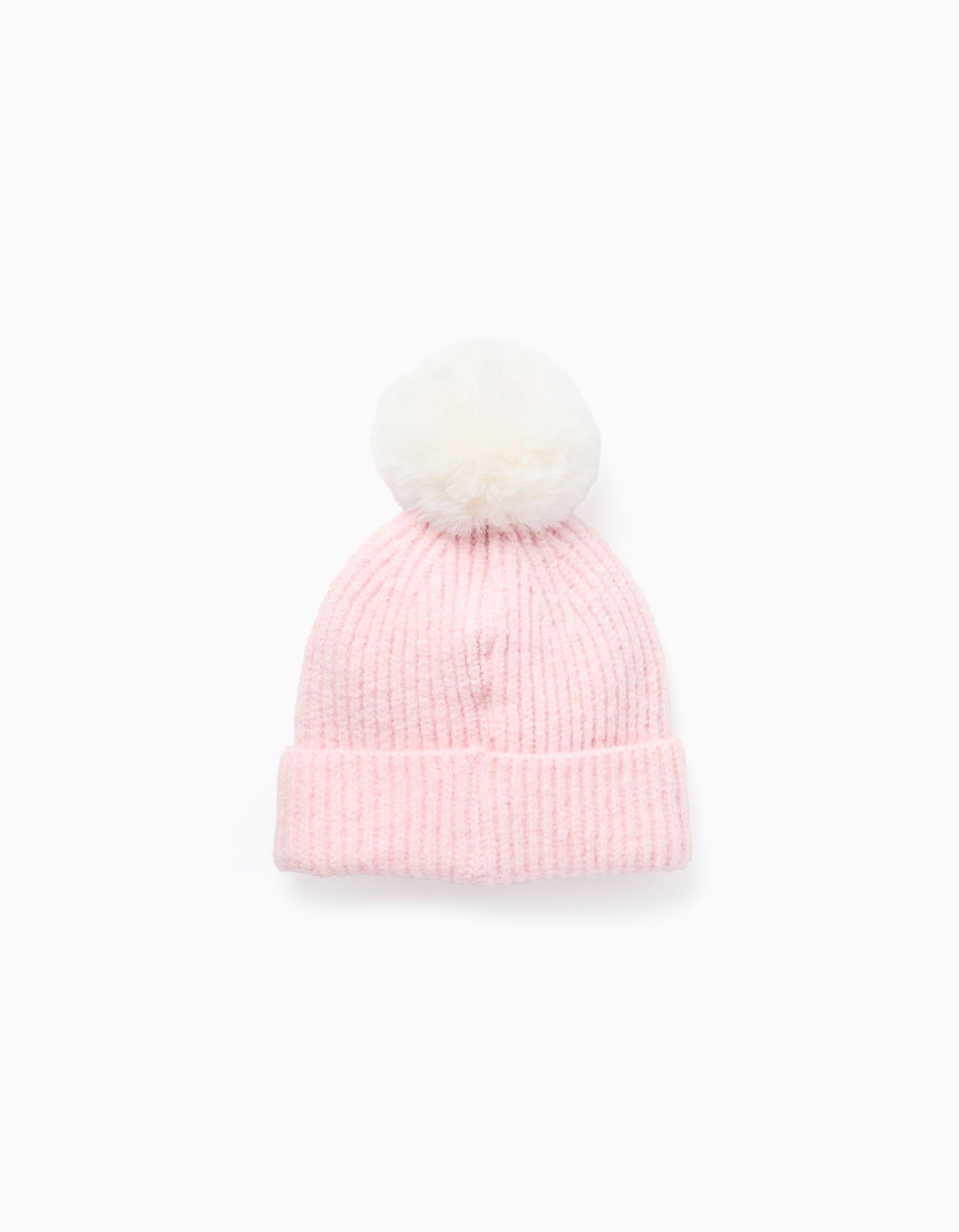Gorro de malha com estampado Stitch e pompom para menina, rosa-claro
