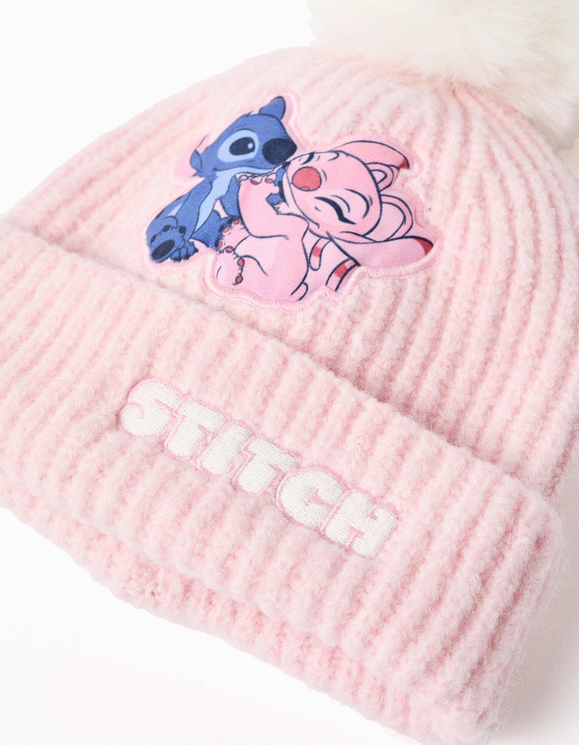 Gorro de malha com estampado Stitch e pompom para menina, rosa-claro
