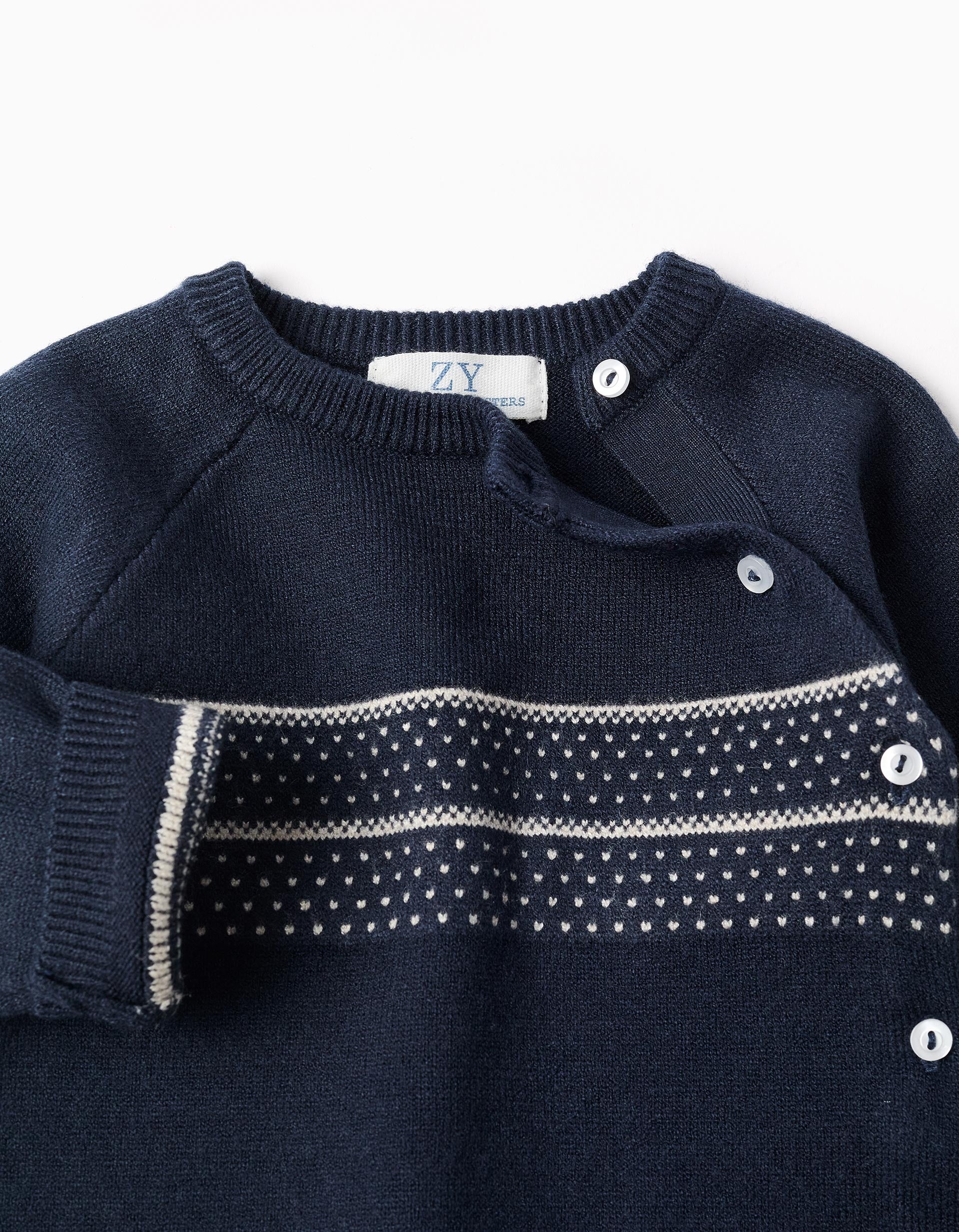 Knitted footless babygrow with jacquard You&Me for newborn boys, dark blue