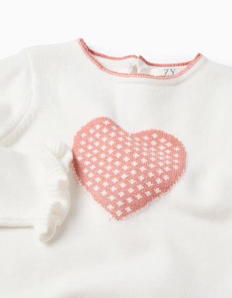 Heart Jacquard Jumper with Ruffles for Baby Girls, White