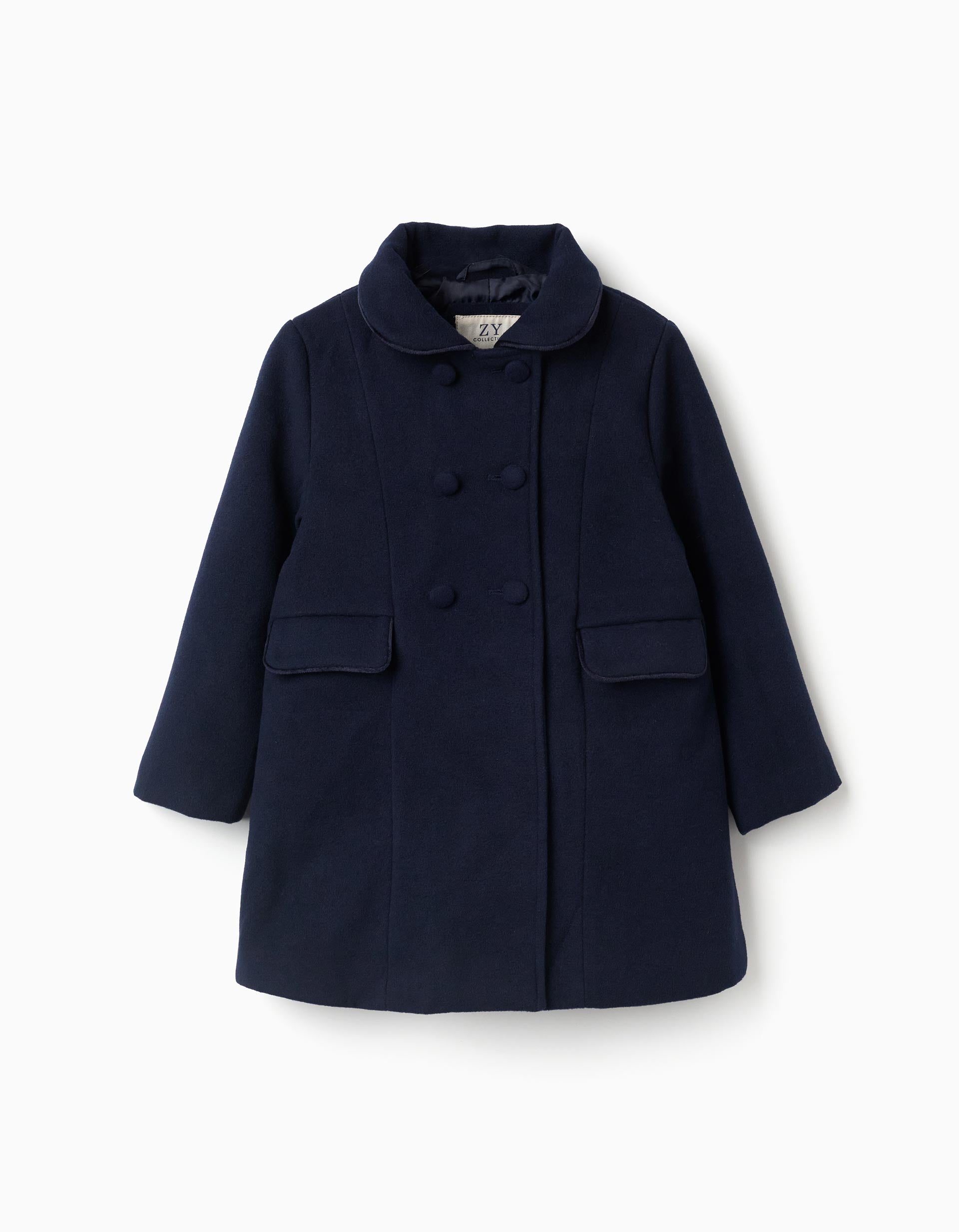 Wool effect coat with front pockets for girls, dark blue