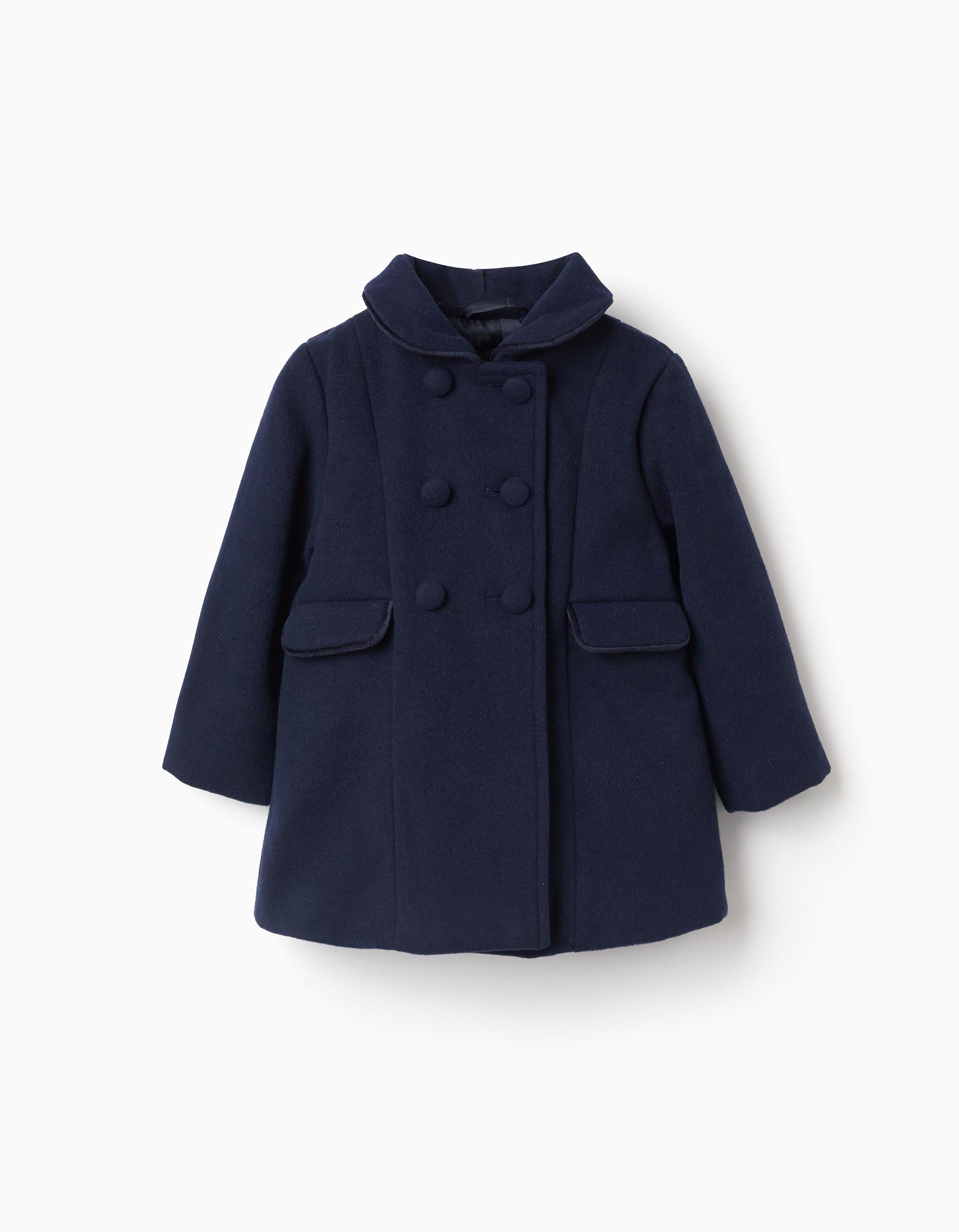 Wool effect coat with front pockets for baby girls, dark blue