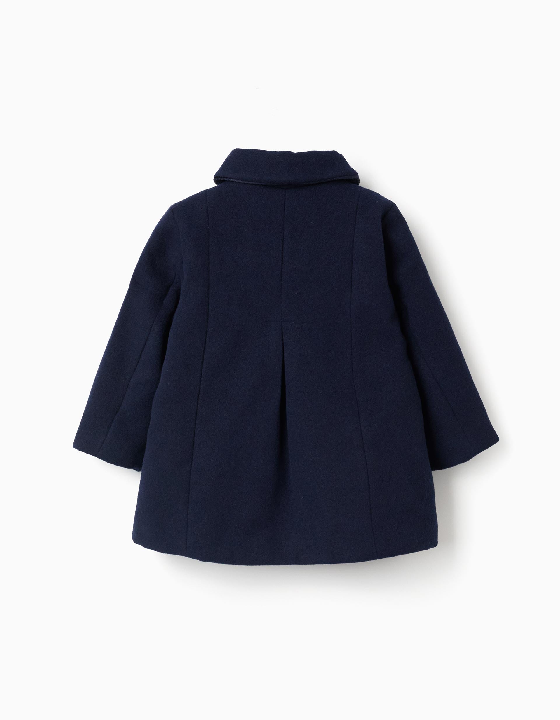 Wool effect coat with front pockets for baby girls, dark blue