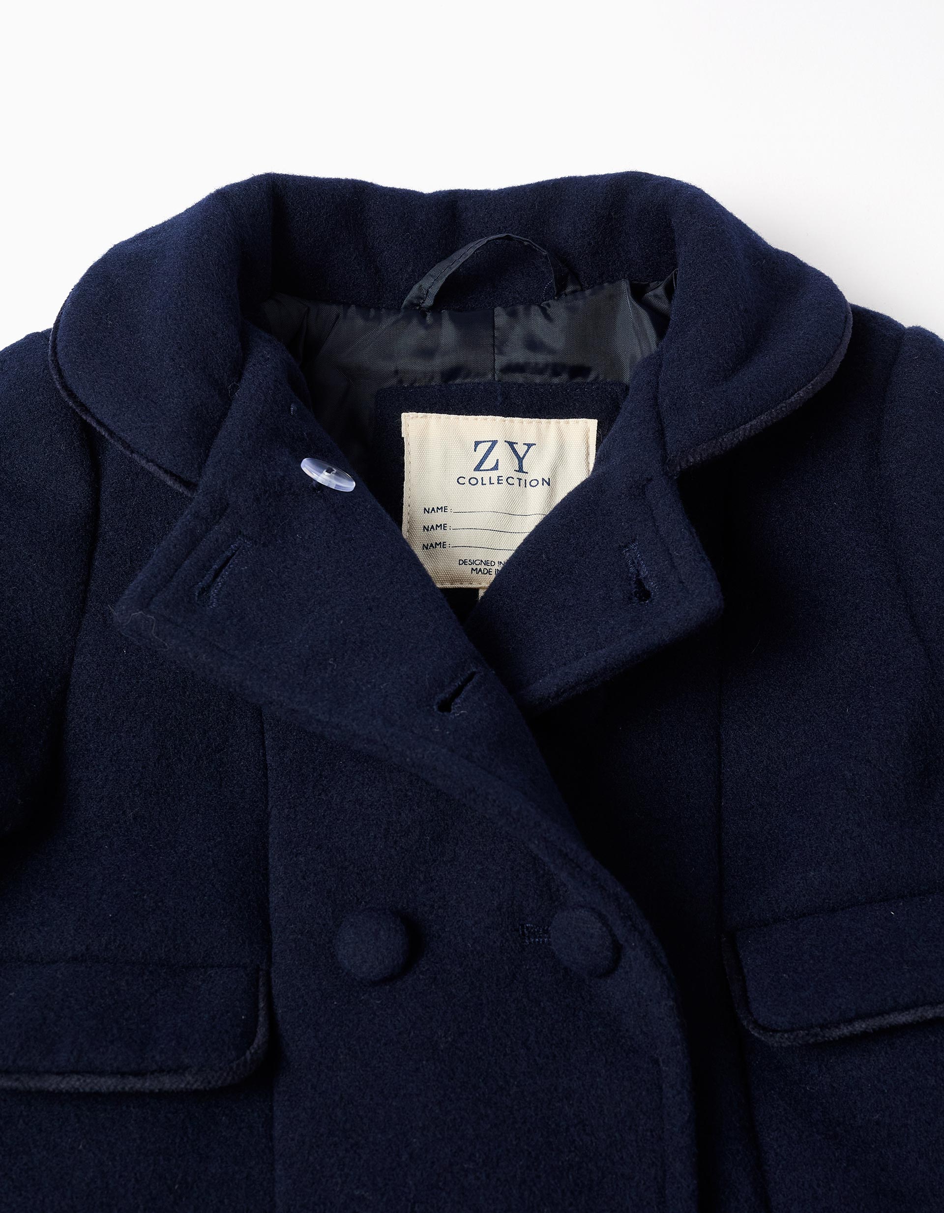 Wool effect coat with front pockets for baby girls, dark blue