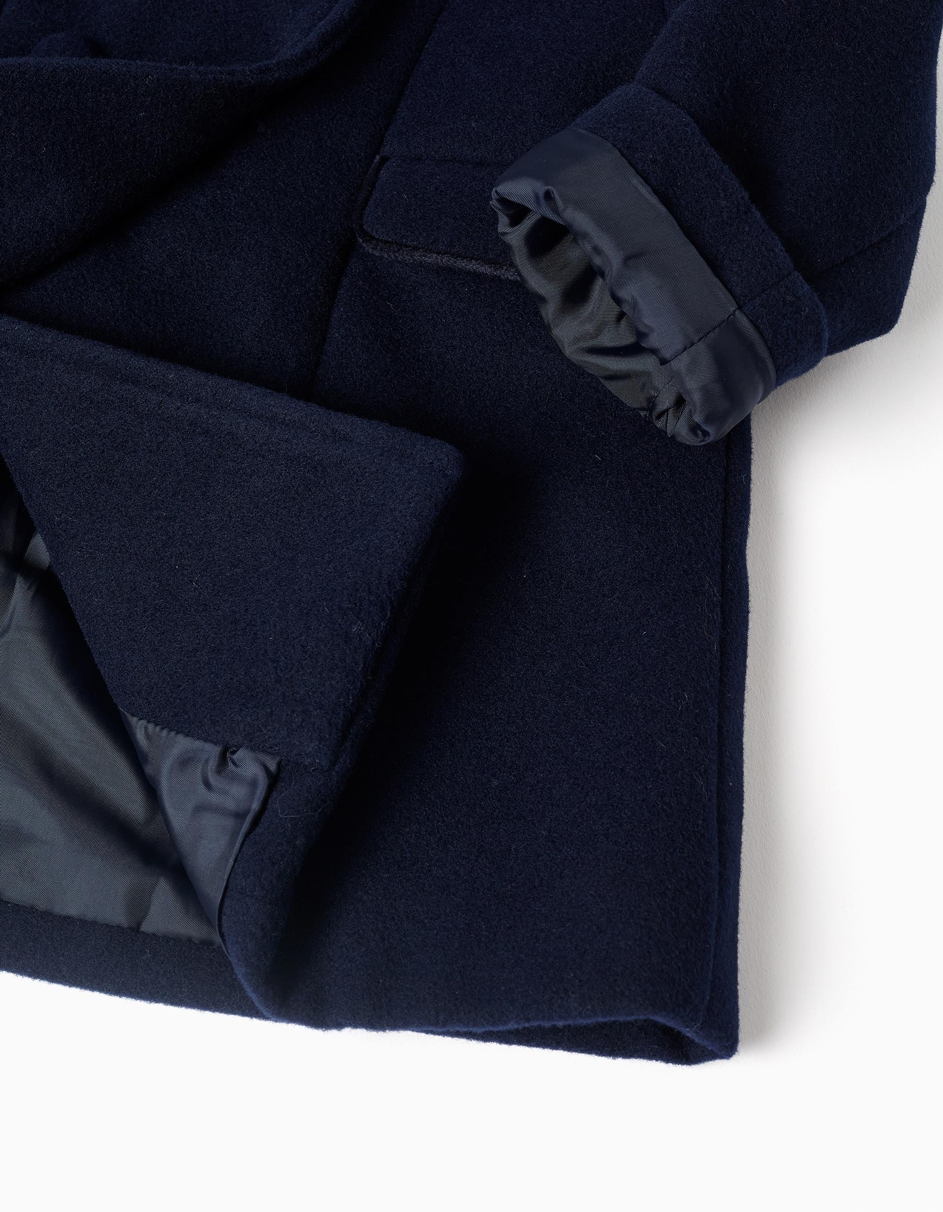 Wool effect coat with front pockets for baby girls, dark blue