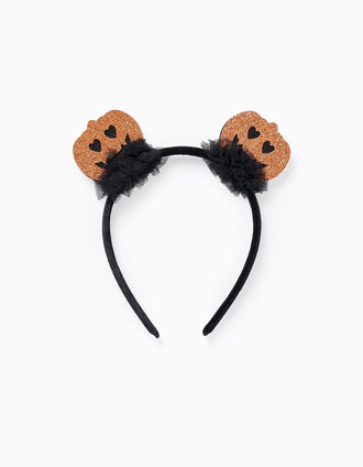 Diadema de Terciopelo para Bebés y Niñas 'Calabazas', Negro/Naranja