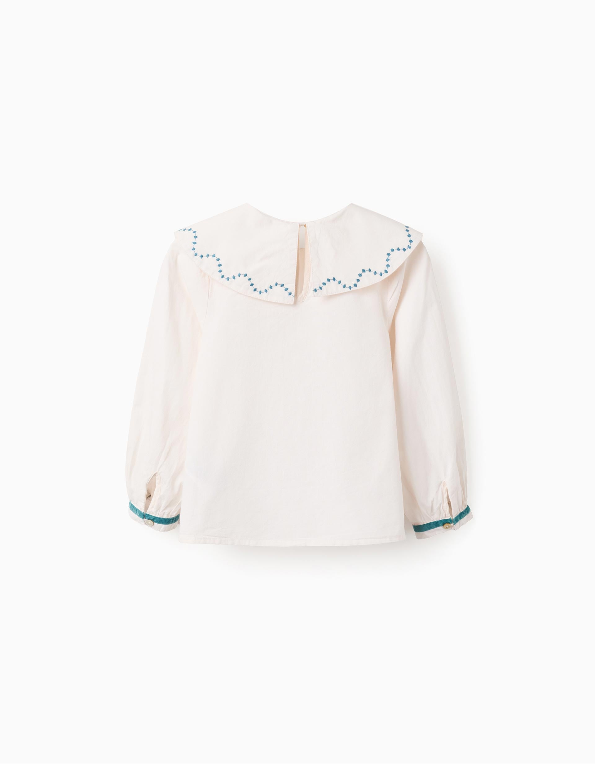 Poplin blouse with embroidered details for girls, white/turquoise blue