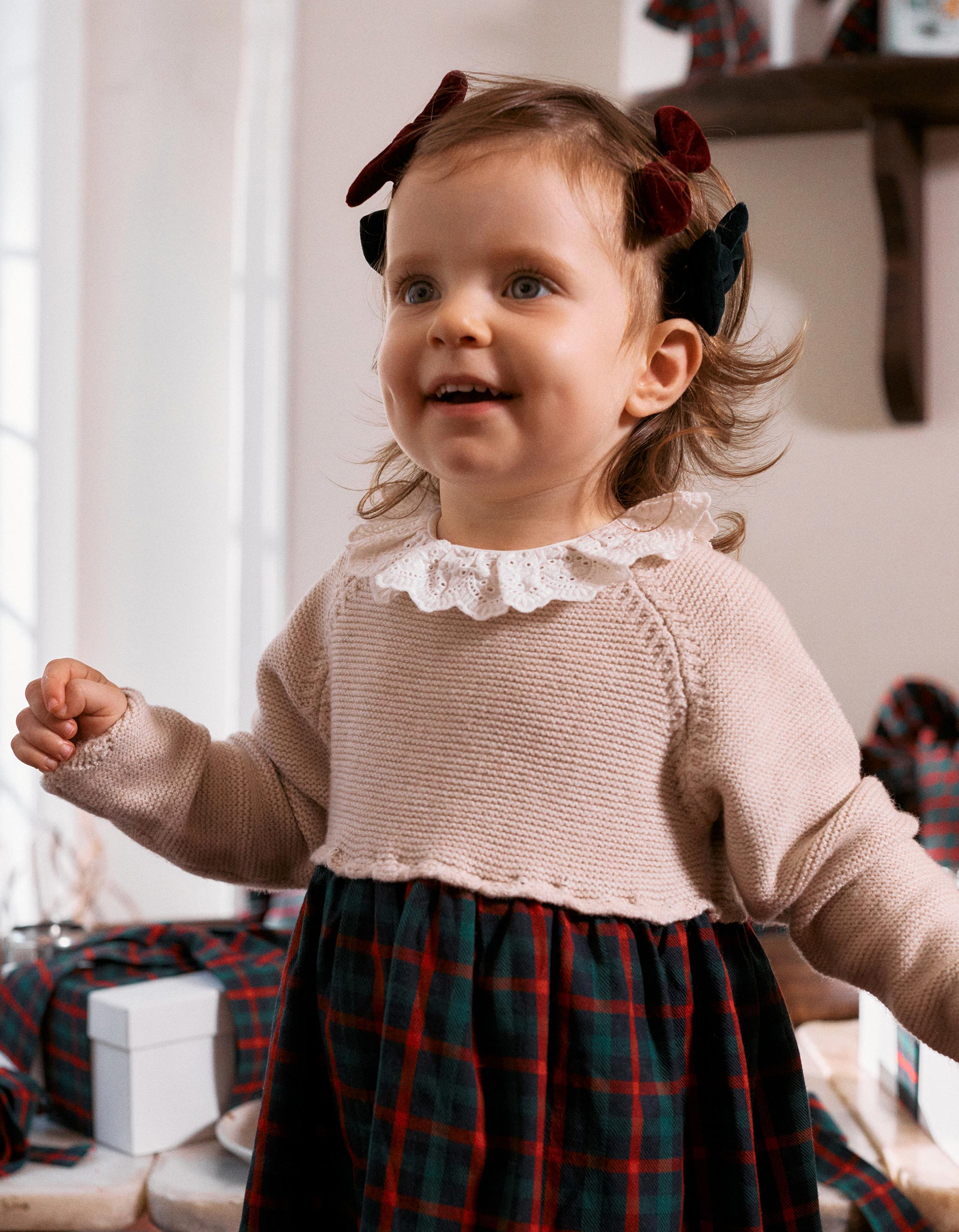 Dual-fabric dress with check pattern You&Me for baby girls, multicolour