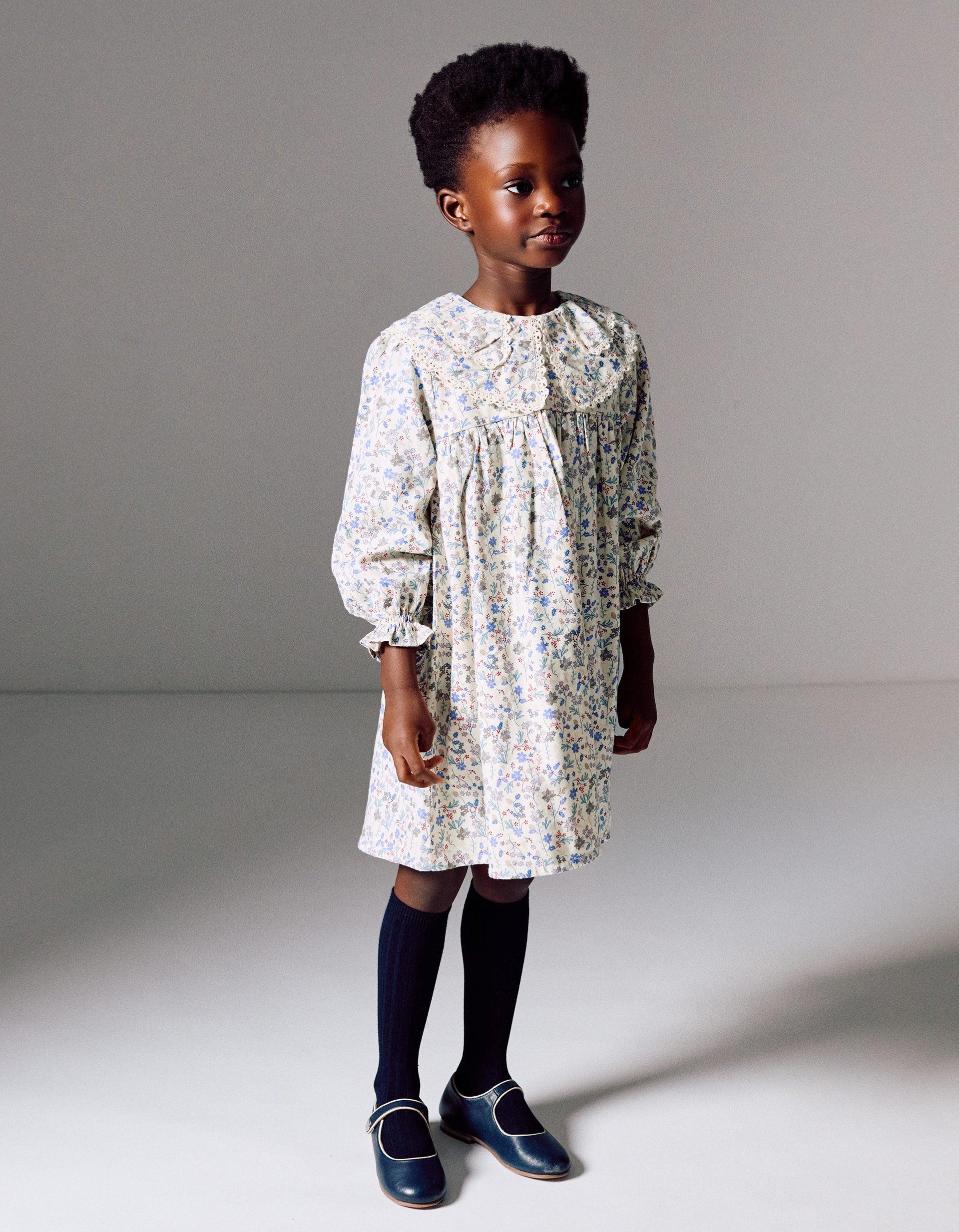 Cotton dress with floral pattern and embroidery B&S for girls, beige