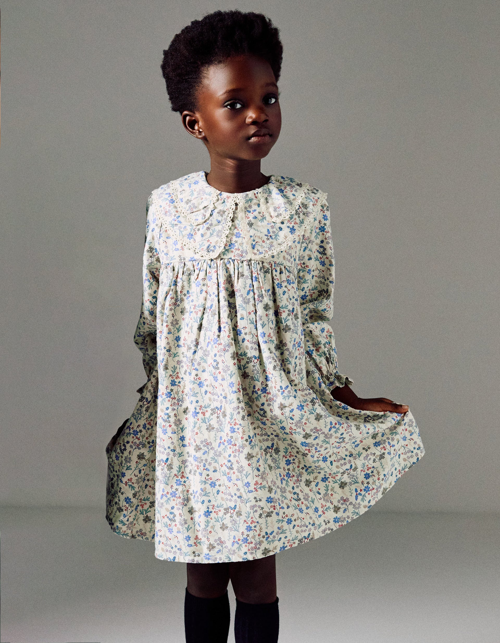 Cotton dress with floral pattern and embroidery B&S for girls, beige