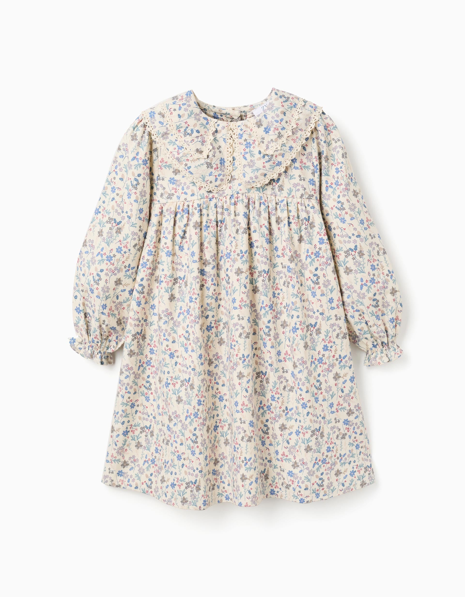Cotton dress with floral pattern and embroidery B&S for girls, beige