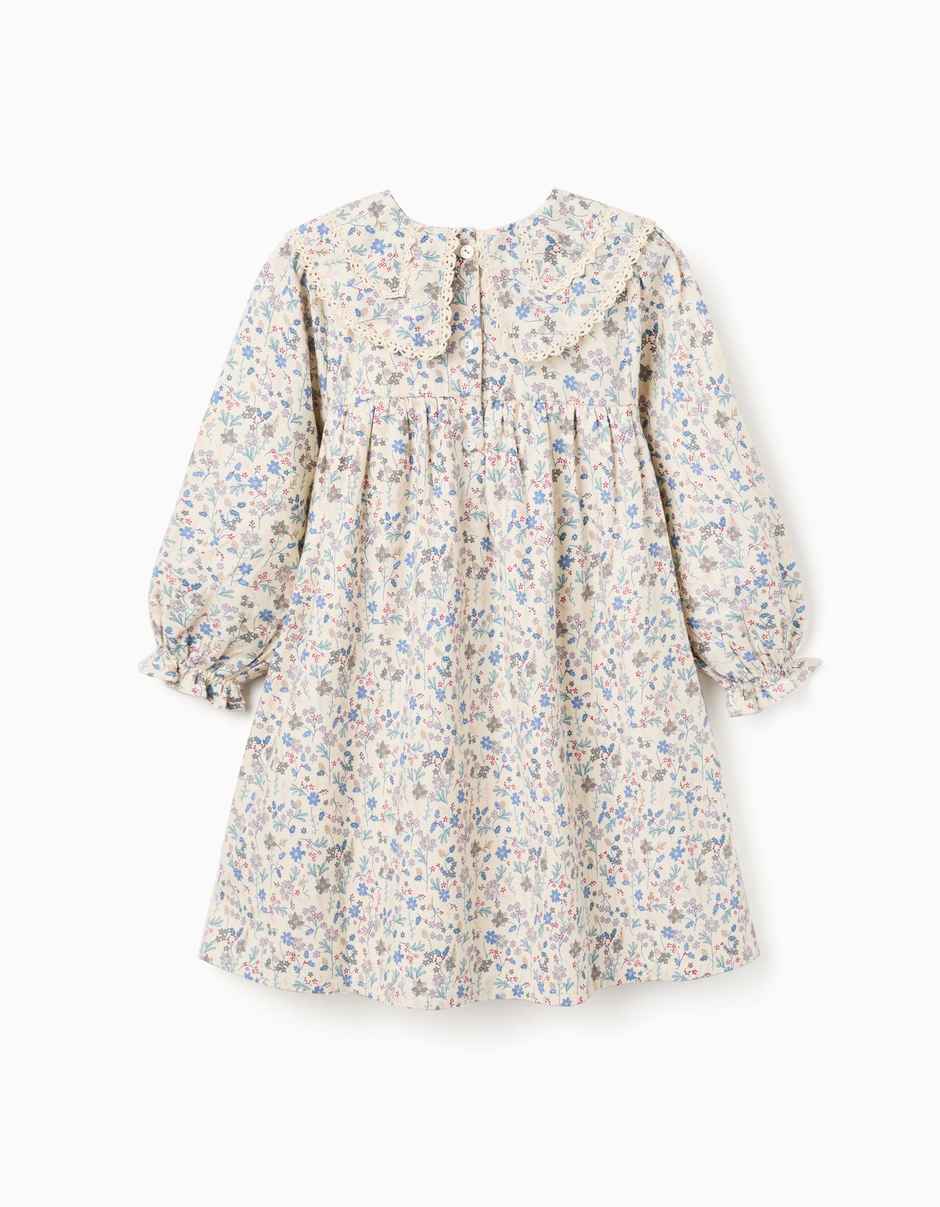 Cotton dress with floral pattern and embroidery B&S for girls, beige