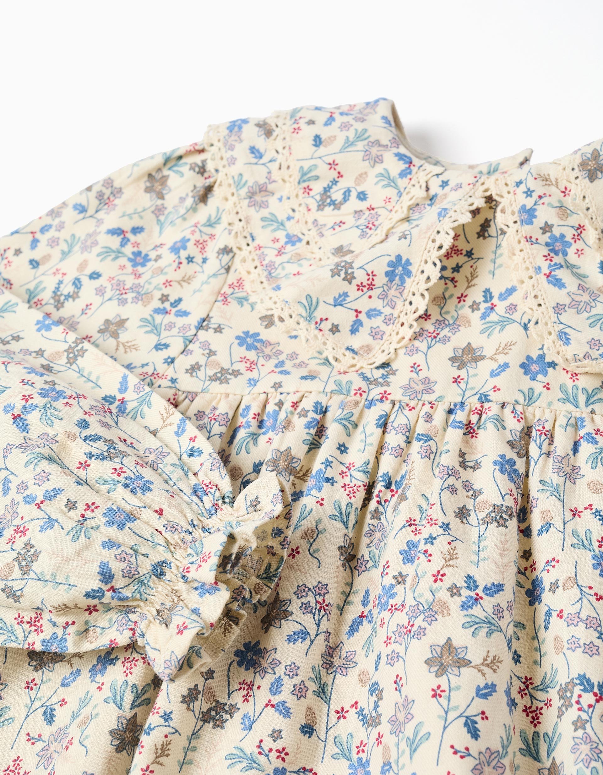 Cotton dress with floral pattern and embroidery B&S for girls, beige