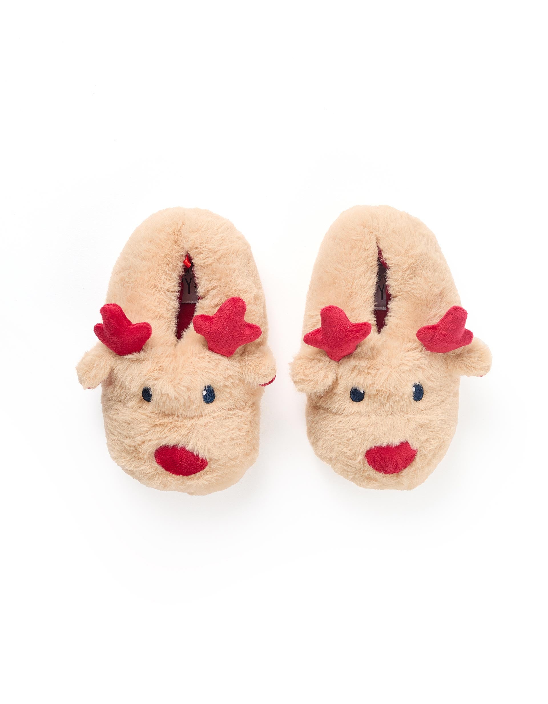 Faux fur slippers with reindeer embroidery for children, beige/red