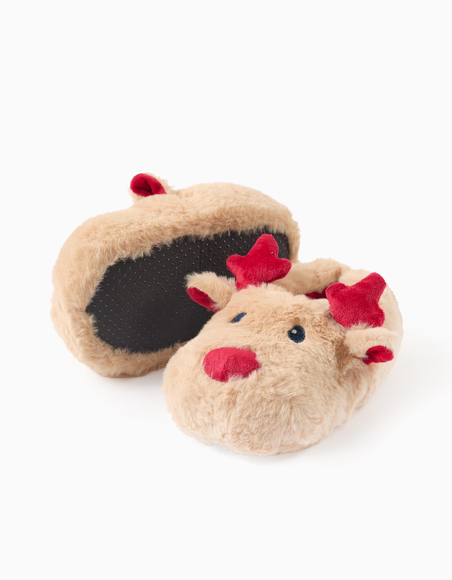 Faux fur slippers with reindeer embroidery for children, beige/red