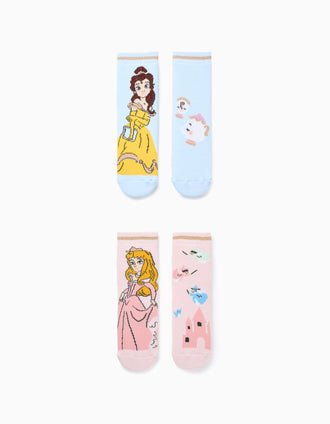 2 Pares de Calcetines Antideslizantes Princesas para Niña, Azul/Rosa