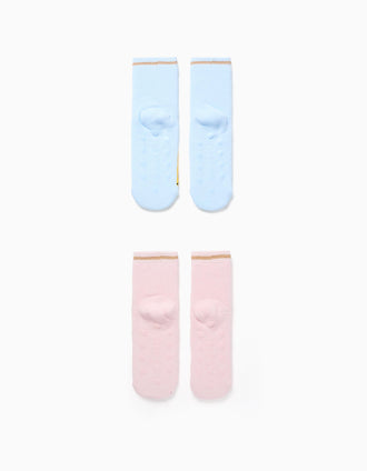 2 Pares de Calcetines Antideslizantes Princesas para Niña, Azul/Rosa