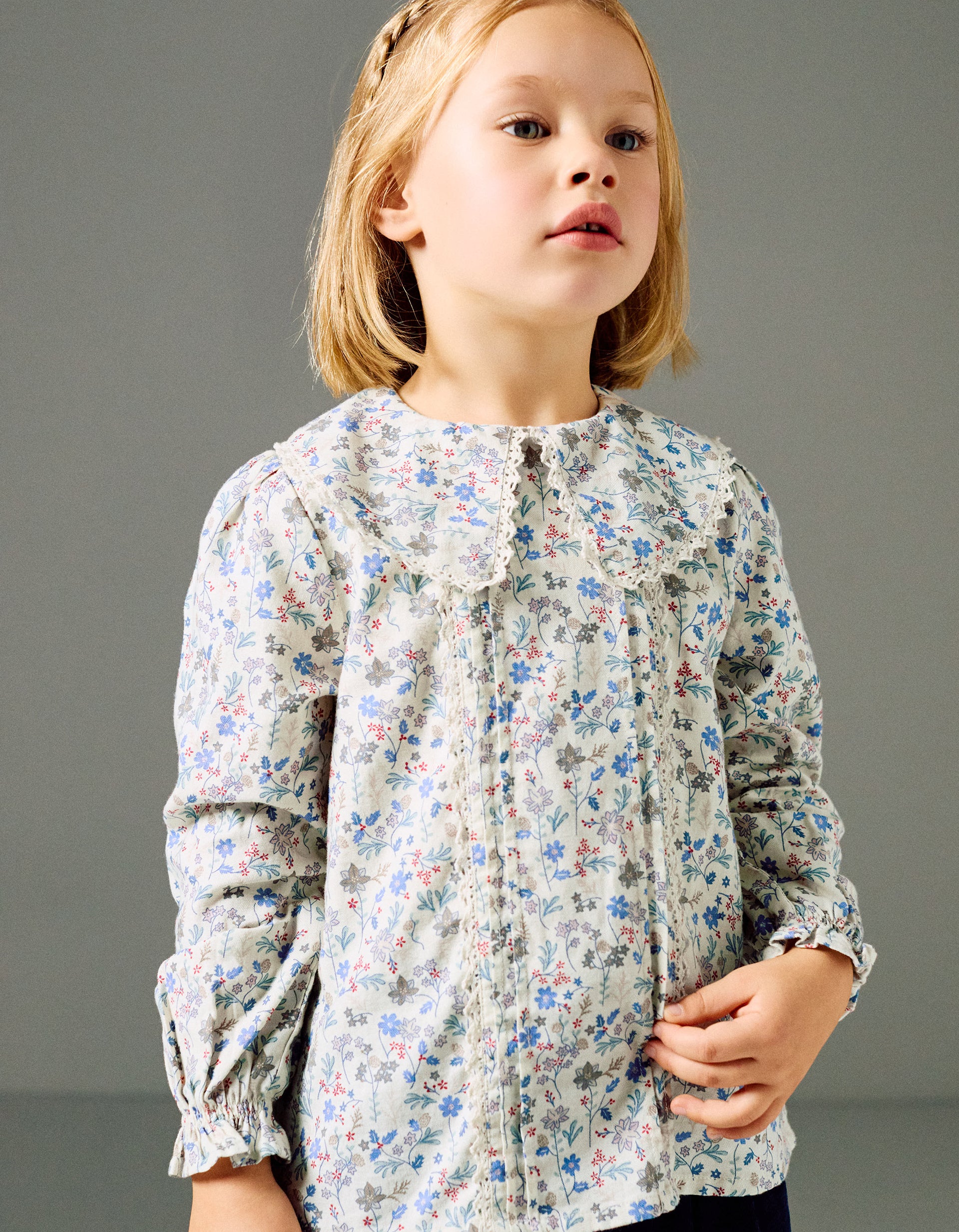 Cotton blouse with floral pattern and embroidery B&S for girls, beige