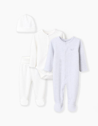 4-piece Cotton Newborn Set 'Hi', White/Grey